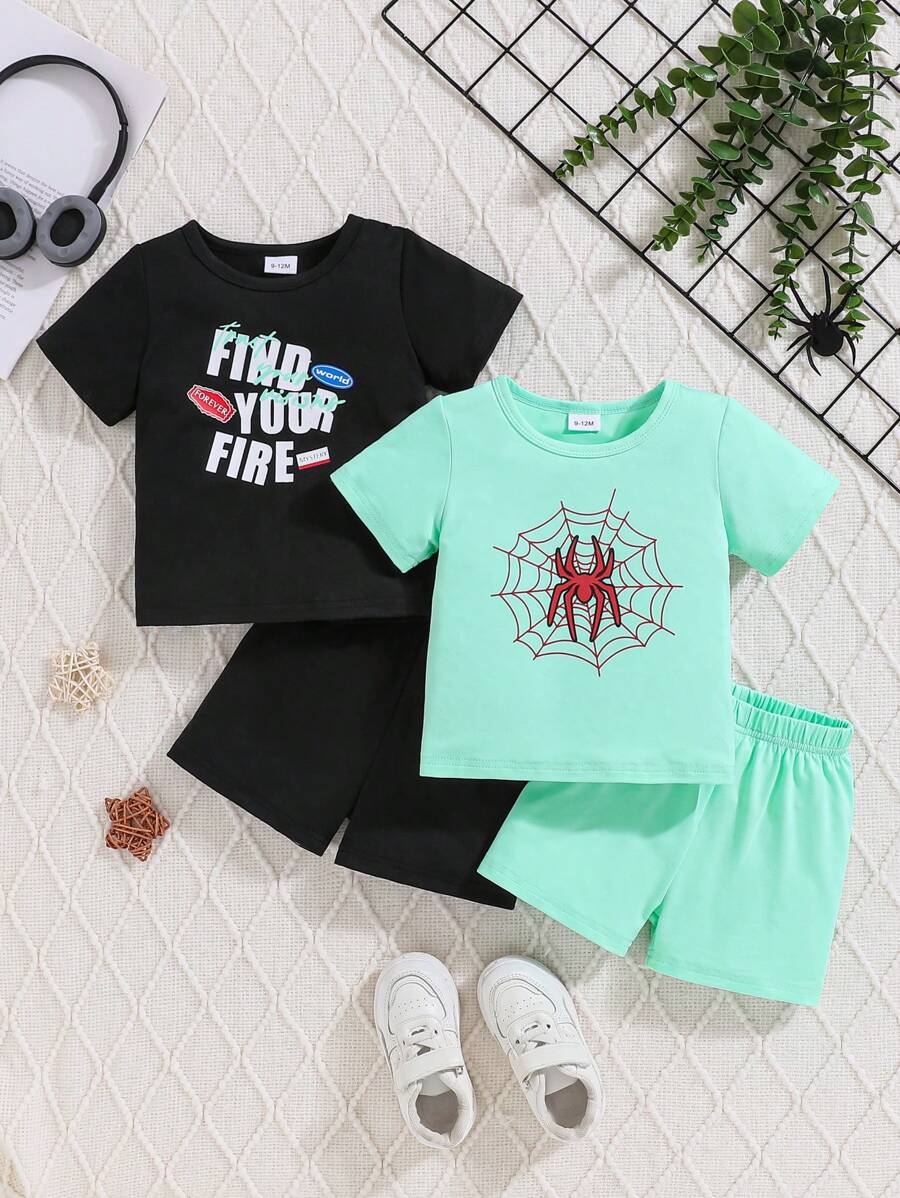 Baby Boy Spring Four-Piece Set, Black Letter Print Solid Color Pants With Spider Web Print, Including Top, Long Pants, Hat, And Socks - Multicolor - View 1