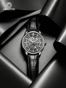 OCHSTIN品牌原創Augustden 2024新潮流機械防水男裝手表，配備真皮表帶，休閒時尚自動機械手錶，透空設計 - 黑色 - 查看 2