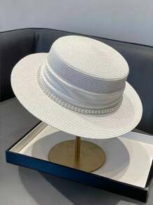1pc Women's Pearl Ribbon Sun Protection Fashionable Flat Top Straw Hat, Suitable For Beach Vacation - Straw Hat - View 12