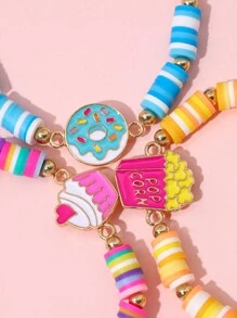 12入組彈性少女手鍊，軟陶瓷製珠子，珠織花朵、水果、卡通和恐龍