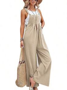 Mono de las señoras, las mujeres de verano de color sólido de la correa de la espalda casual de pierna ancha pantalones sueltos - Caqui - Ver 4