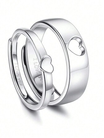 Juego de anillos de promesa con forma de corazón "Te amo" para pareja, de compromiso y boda, ajustable y cómodo, de cobre con pulido alto y diseño abierto