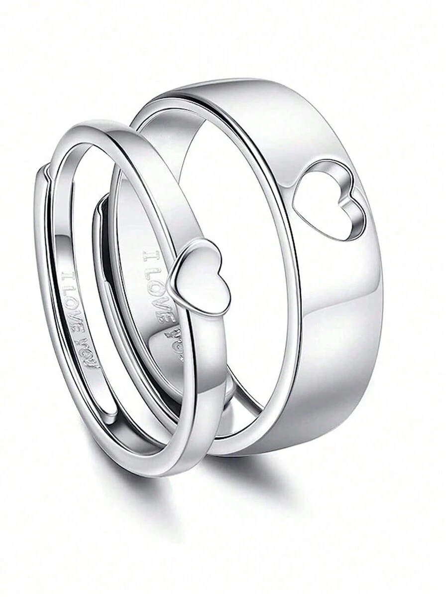 情侣心形承诺戒指“我爱你”订婚结婚戒指套装，适合他和她，铜高抛光舒适可调节开放式设计