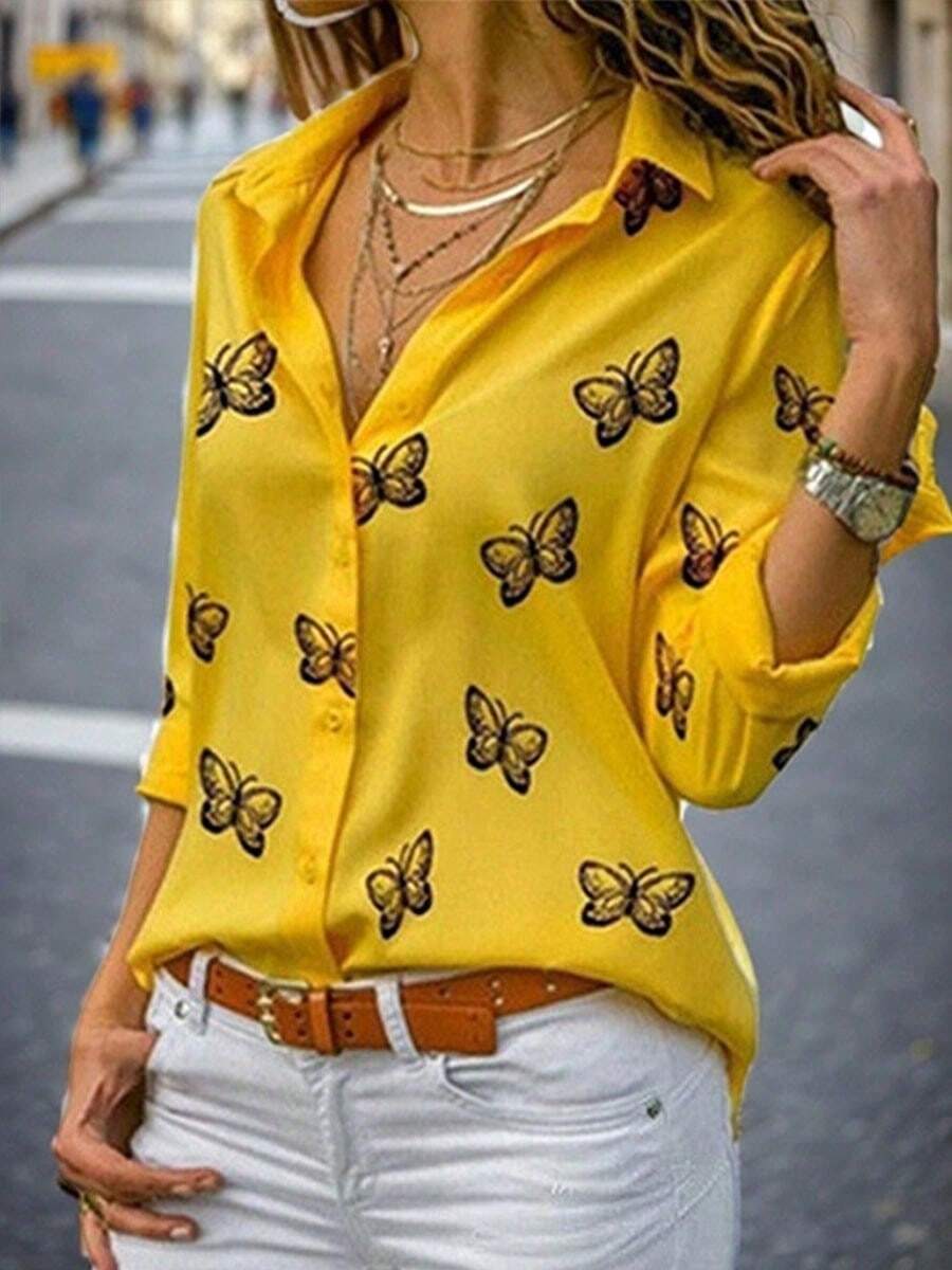 Camisa Manga Larga Estampado Mariposa Mujer Multicolor Suelta Solapa Camisa Temperamento Casual La talla es pequeña - Amarillo - Ver 1