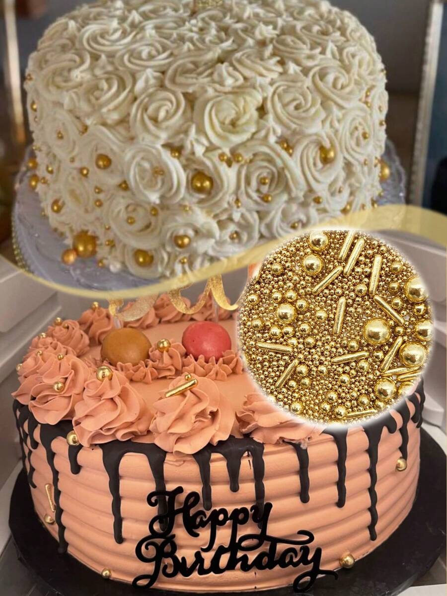 1 set 85g Decoración de pastel con perlas de azúcar doradas (solo para decoración, no comestible) para decoración de pasteles horneados, decoración de magdalenas con papel, decoración de galletas y helados, adecuada para celebraciones de festivales y fiestas de cumpleaños - Multicolor - Ver 1