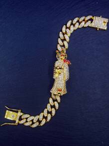 1PC Full Diamonds Punk Hip Hop Chunky Chain Santa Muerte Bracelet With Gift Box - Santa Muerte - View 13