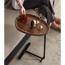 沙發邊桌小型C字形沙發桌可愛托盤臥室床頭桌杏仁色桌面簡潔風格家居裝飾，適用於閱讀書籍、飲用咖啡、插花等 - 棕色 - 查看 1