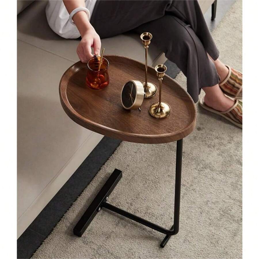 沙發邊桌小型C字形沙發桌可愛托盤臥室床頭桌杏仁色桌面簡潔風格家居裝飾，適用於閱讀書籍、飲用咖啡、插花等 - 棕色 - 查看 1