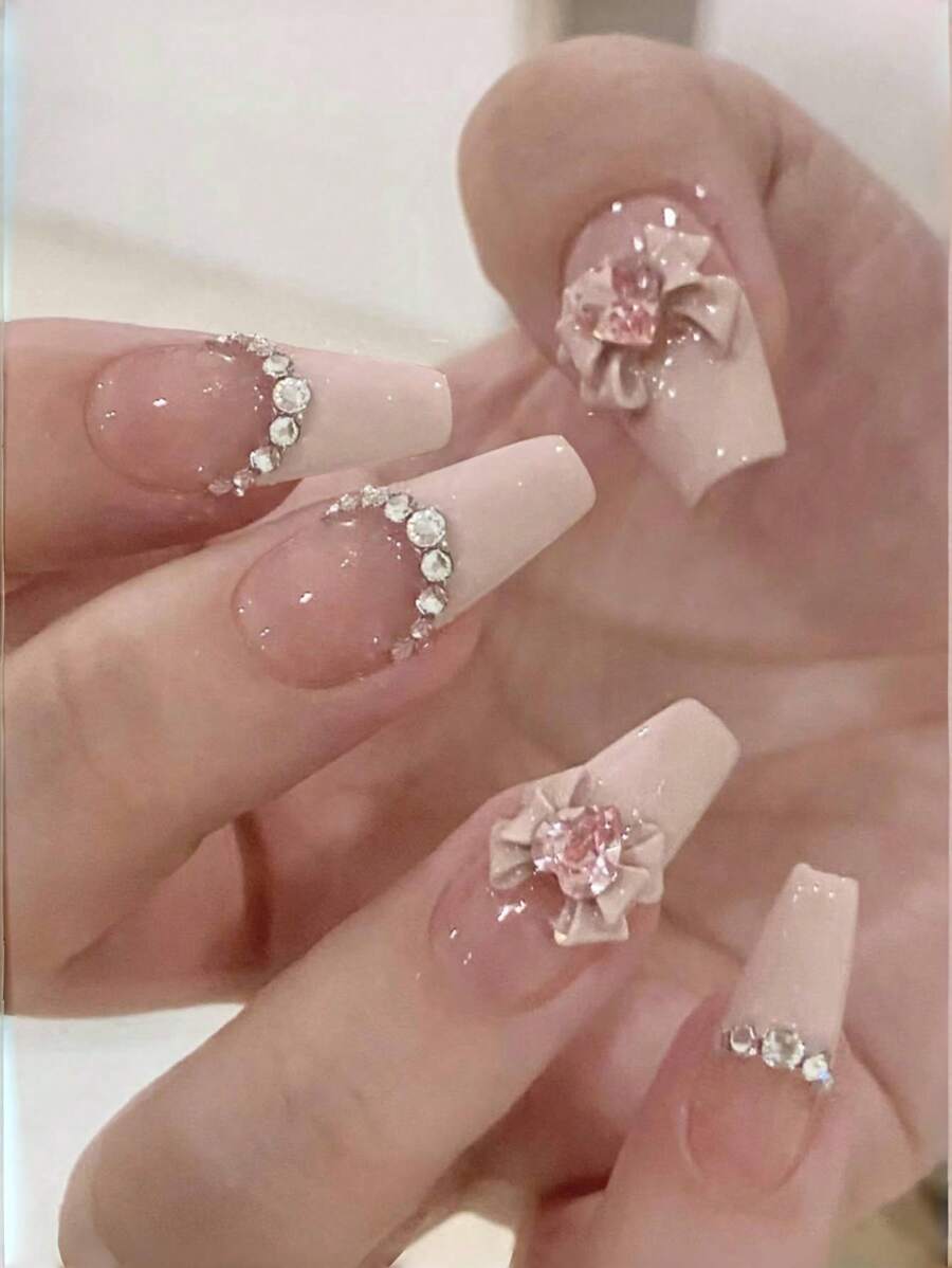 10 件手工制作粉色法式钻石蝴蝶白色法式假指甲按压指甲美甲用品指甲 - 彩色 - 查看 1