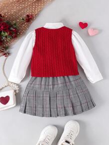 3pcs Girls Elegant School Style Long Sleeve Shirt + Vest + Skirt Set, Autumn/Winter - Red and White - View 2