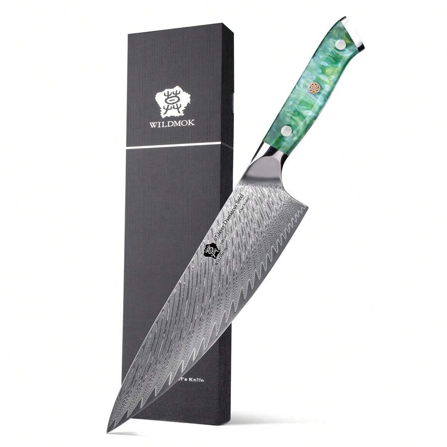 Dao đầu bếp WILDMOK, Dao đầu bếp Nhật Bản Damascus 8 inch, Dao nhà bếp cán nhựa, Dao nấu ăn nhà bếp sắc bén, Dao đầu bếp kèm hộp quà tặng - màu xanh lá - Xem 1