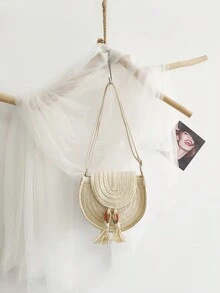 新款ins風格復古環形編織紙草流蘇斜背袋，適用於海灘度假和旅行，可作為肩袋和斜跨包 - 米色 - 查看 2