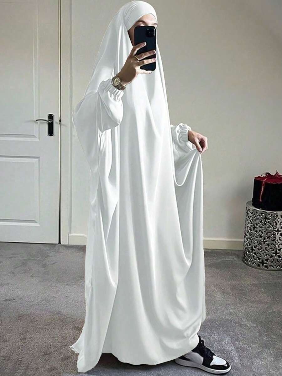 1 件女士纯色 Nida 面料透气柔软宽松舒适长袍，系带设计，方便穿着，祈祷吉尔巴布长袍 - 白色 - 查看 1