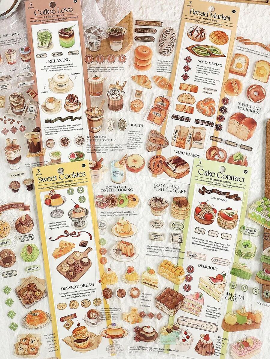 3pcs/Pack PET Waterproof Planner Stickers, Bread & Coffee Landscape Decorative Long Tapes, DIY Scrapbooking Cutting Stickers - Tuesday Channel - View 1