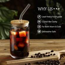 6 Pcs Glass Cups With Bamboo Lids And Straw,16 OZ Beer Can Shaped Drinking Glasses,Iced Coffee Cups,Glass Tumbler With Straw And Lid For Smoothie Cocktail Whiskey Tea Juice Gift - 6 件 16oz 透明 - 查看 3