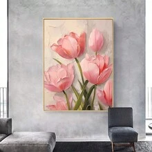 1pc Unframed Tulip Flower Poster Wall Art - Pink Flowers Canvas Prints - Birthday Party Decor Painting, Gift, Home Living Room Office Wall Decor - Multicolor - View 4