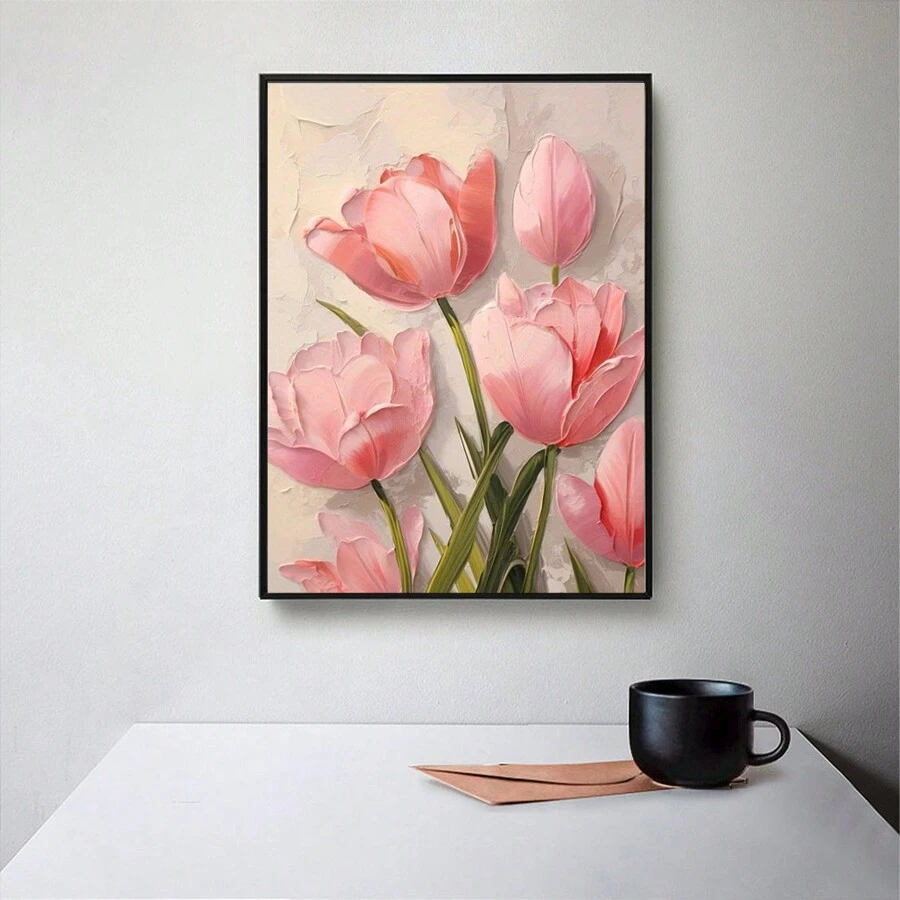1pc Unframed Tulip Flower Poster Wall Art - Pink Flowers Canvas Prints - Birthday Party Decor Painting, Gift, Home Living Room Office Wall Decor - Multicolor - View 1