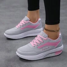 女士運動休閒輕盈透氣厚底網眼跑步鞋，時尚款式鞋帶式戶外徒步健行休閒鞋 - 粉色 - 查看 2