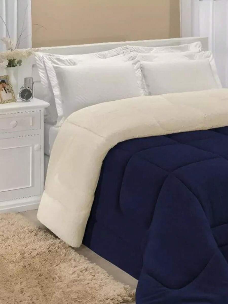 Edredom Sherpa Cobertor E Coberdrom Solteiro Várias Cores Fofinho Quentinho Feminino Masculino - Azul Marinho - Visão 1