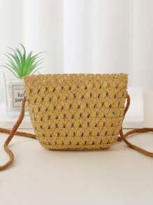 1 pieza Mini bolso cruzado de paja tejida, ligero y lindo para niños, adecuado para viajes al aire libre y a la playa - A - Ver 8