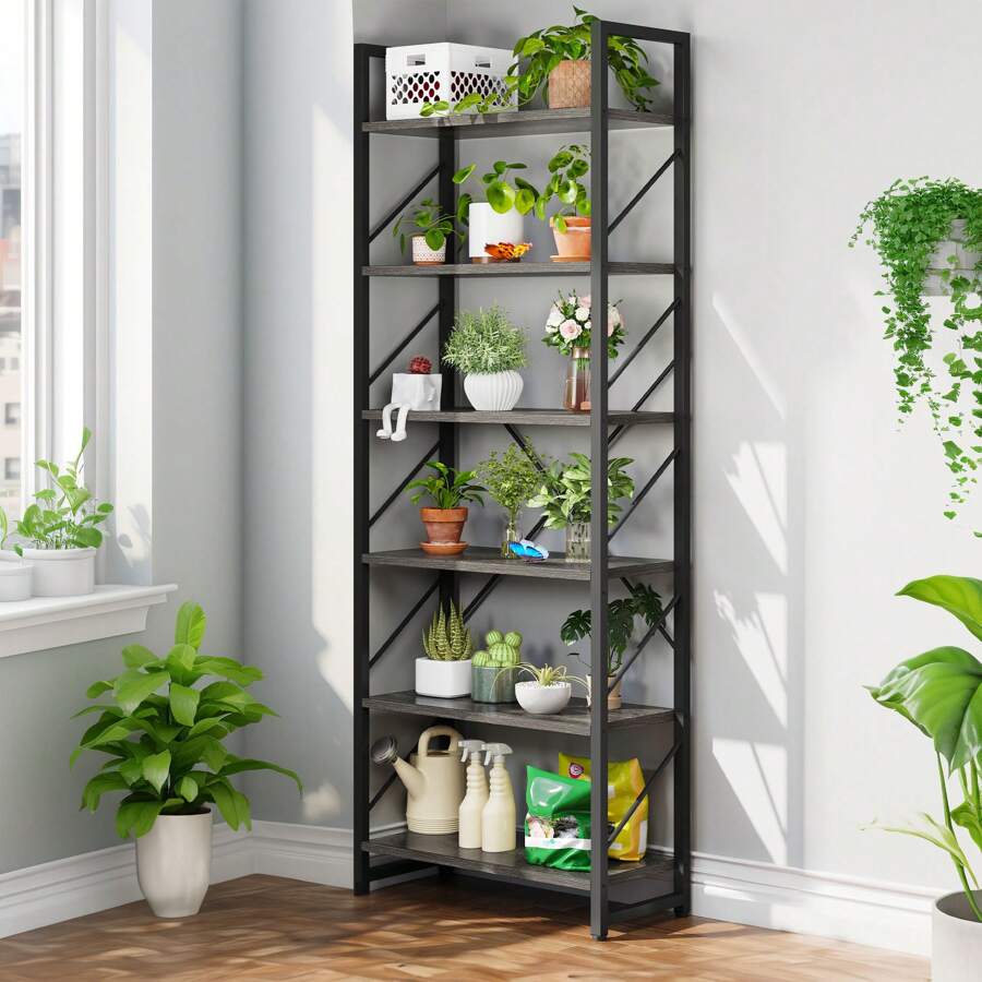 工業風4-6層架子木製書櫃書架儲物展示架書架，適用於客廳家庭辦公室 - 灰色 - 查看 1