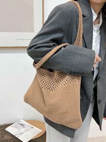 Yogodlns Crochet Knit Bag Large Capacity Shoulder Bag, Beach Purse, Vacation & Daily Use, Travel Must Haves, Vacation Essentials, Perfect For Summer, Vacation & Beach , Crochet - Camel - View 4