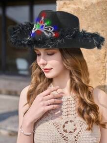 LEAJOURNO. Unisex Y2k Style Western Cowboy Hat Led Lights, Color Stripe Design, Wide Brim With Rolled Edge, Ideal For Halloween Party, Music Festival, Dance Performance, Children's Day, Jazz, Rave Cowboy Hat Cowgirl Hat - Black - View 2