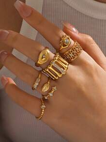 1 Peça Anel de Aço Inoxidável Popular Estilo INS com Olho Turco de Strass, Adequado para Uso Diário Feminino - Ouro amarelo - Visão 6