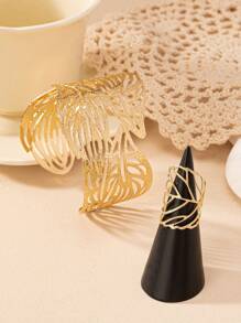 1入幾何空心葉紋紋理開放式手鐲和1入空心葉紋紋理開放式戒指復古歐美誇張女士手鐲和戒指套裝 - 金黃色 - 查看 4