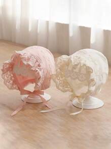 1pc Infant/Newborn Princess Lace Ruched Floral Embroidered Floppy Hat, Multicolor - 1PC - View 1