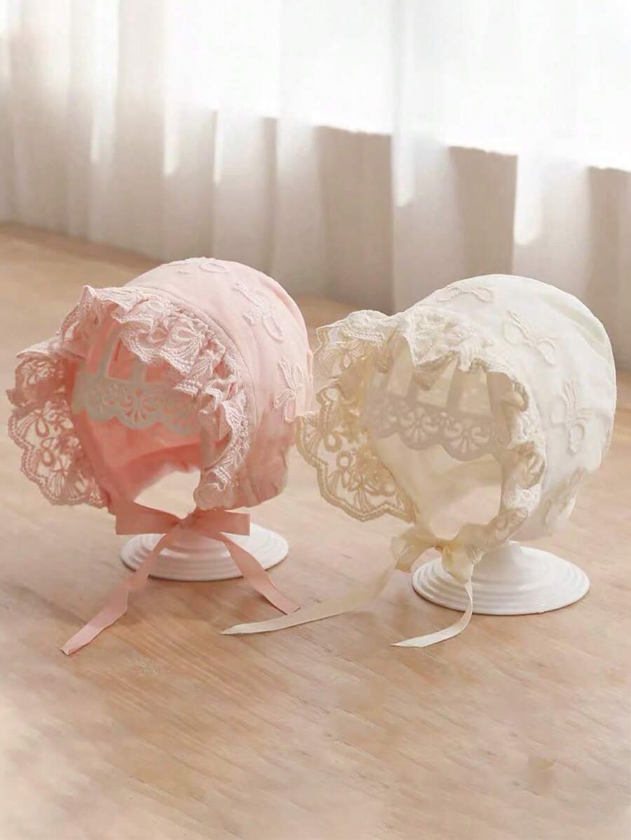 1pc Infant/Newborn Princess Lace Ruched Floral Embroidered Floppy Hat, Multicolor - 1PC - View 1