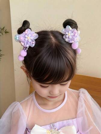 2 件/套女孩紫色花朵流苏绒球卡通发圈，不会损坏发带