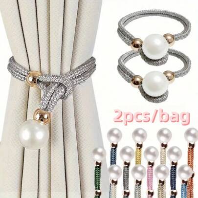 2入組珍珠飾帶簾扣，仿珍珠窗簾繩扣，適用於薄紗或透明窗簾