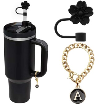 2pcs/PCS Cute Flower Straw Cover, 0.4in/10mm Silicone Straw Topper Protector Lid With Initial Name ID Letter Charm Compatible With 30&40 Oz Tumblers With Handle(Black), Mother's Day Gift