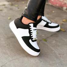 Women Wedge Sneakers - Black and White - View 1