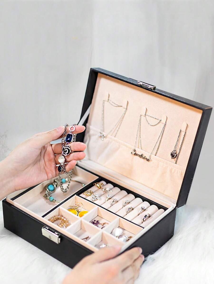 1 Hộp Bảo Quản Trang Sức Hai Lớp Có Khóa, Hộp Đựng Nhẫn Bông Tai Bằng Da PU, Hộp Quà Tặng Trang Sức, Phong Cách Phương Tây, Sinh Nhật, Cô Dâu - màu đen - Xem 1