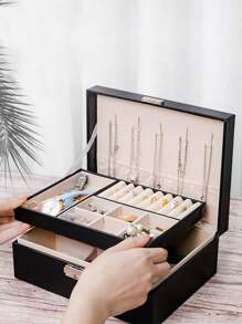 1 Hộp Bảo Quản Trang Sức Hai Lớp Có Khóa, Hộp Đựng Nhẫn Bông Tai Bằng Da PU, Hộp Quà Tặng Trang Sức, Phong Cách Phương Tây, Sinh Nhật, Cô Dâu - màu đen - Xem 3