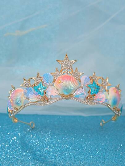 1 pieza Corona de princesa de cristal con concha marina, estrella de 5 puntas y diadema holográfica de sirena, corona de disfraz, tiara, accesorio para el cabello, accesorio para la cabeza, novia, accesorio para el cabello para mujer, regalo de cumpleaños o actuación