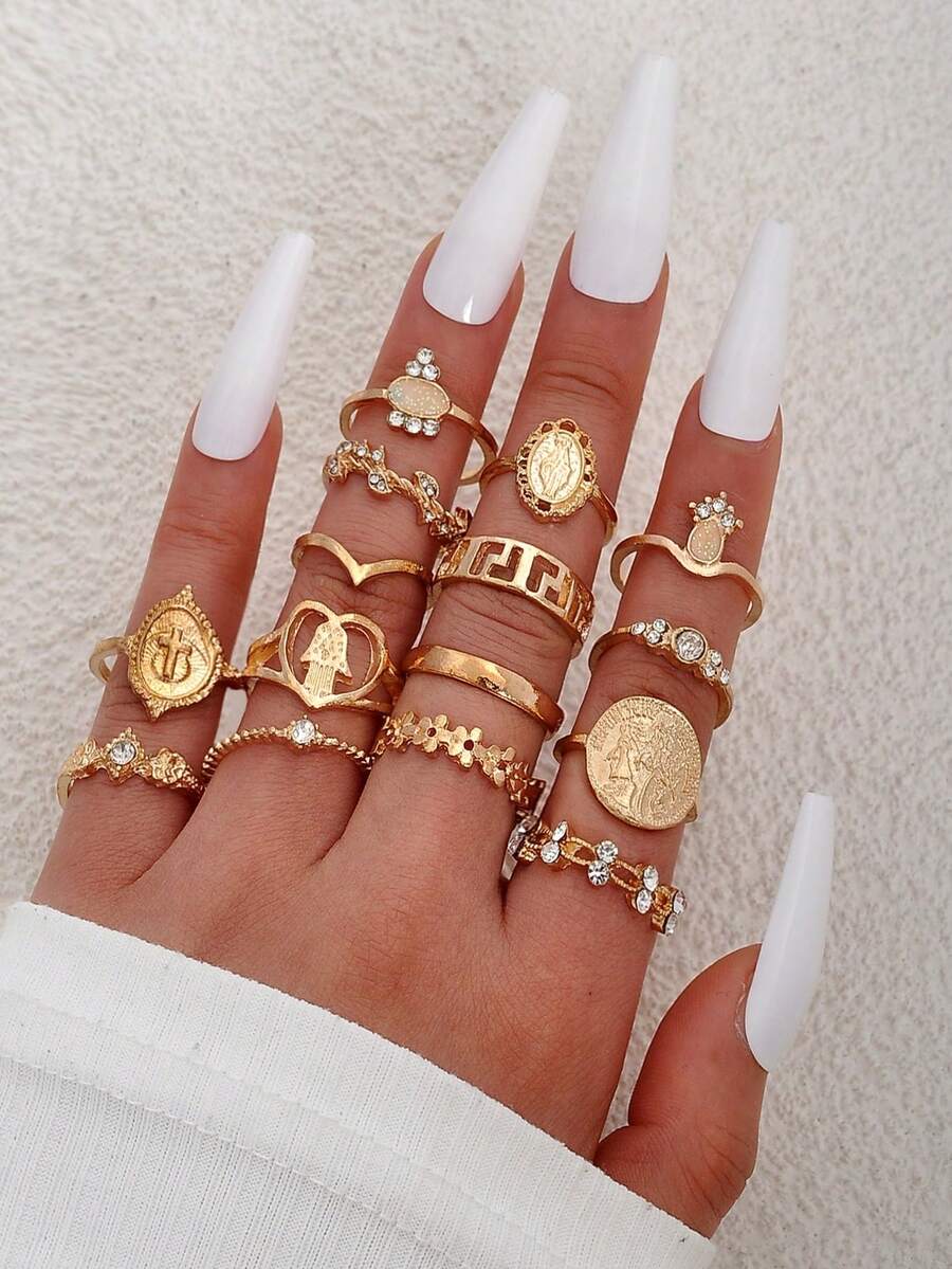 HEI.DIAO Set de 15-16 piezas de anillos decorados de manera elegante y multicapa para mujeres - palma dorada - Ver 1