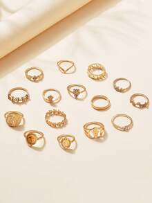 HEI.DIAO Set de 15-16 piezas de anillos decorados de manera elegante y multicapa para mujeres - palma dorada - Ver 2
