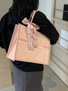 1 件时尚女士手提包，(11 英寸 * 7.9 英寸 * 3.9 英寸) 大容量手提包，轻巧，精美装饰有丝巾，防刮材质，适合购物、约会、聚会、上下班，优雅简约休闲灰粉色女士手提包，带字母印花。，女士时尚蝴蝶结钱包 - 粉色 - 查看 5