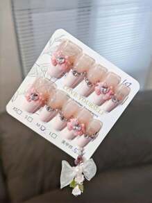 10 件手工制作粉色法式钻石蝴蝶白色法式假指甲按压指甲美甲用品指甲 - 彩色 - 查看 4