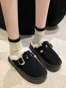 2022秋冬新款保暖蓬松套脚拖鞋，女士闭趾人造毛皮内衬家居鞋 - 黑色 - 查看 3