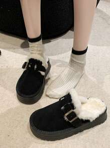 2022秋冬新款保暖蓬松套脚拖鞋，女士闭趾人造毛皮内衬家居鞋 - 黑色 - 查看 2