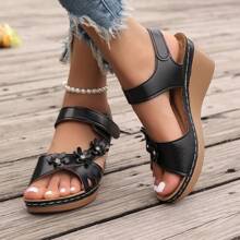 Sandalias casuales de tacón de cuña para mujer de talla grande, Nueva colección de verano 2024 - Negro - Ver 4