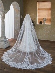 1 mạng che mặt dài bằng ren và ngọc trai màu trắng cho cô dâu, mũ đội đầu bằng vải tuyn một lớp dùng cho chụp ảnh cưới/bãi biển/vườn, bao gồm cả lược trang phục mùa thu cho phụ nữ - A - Xem 2