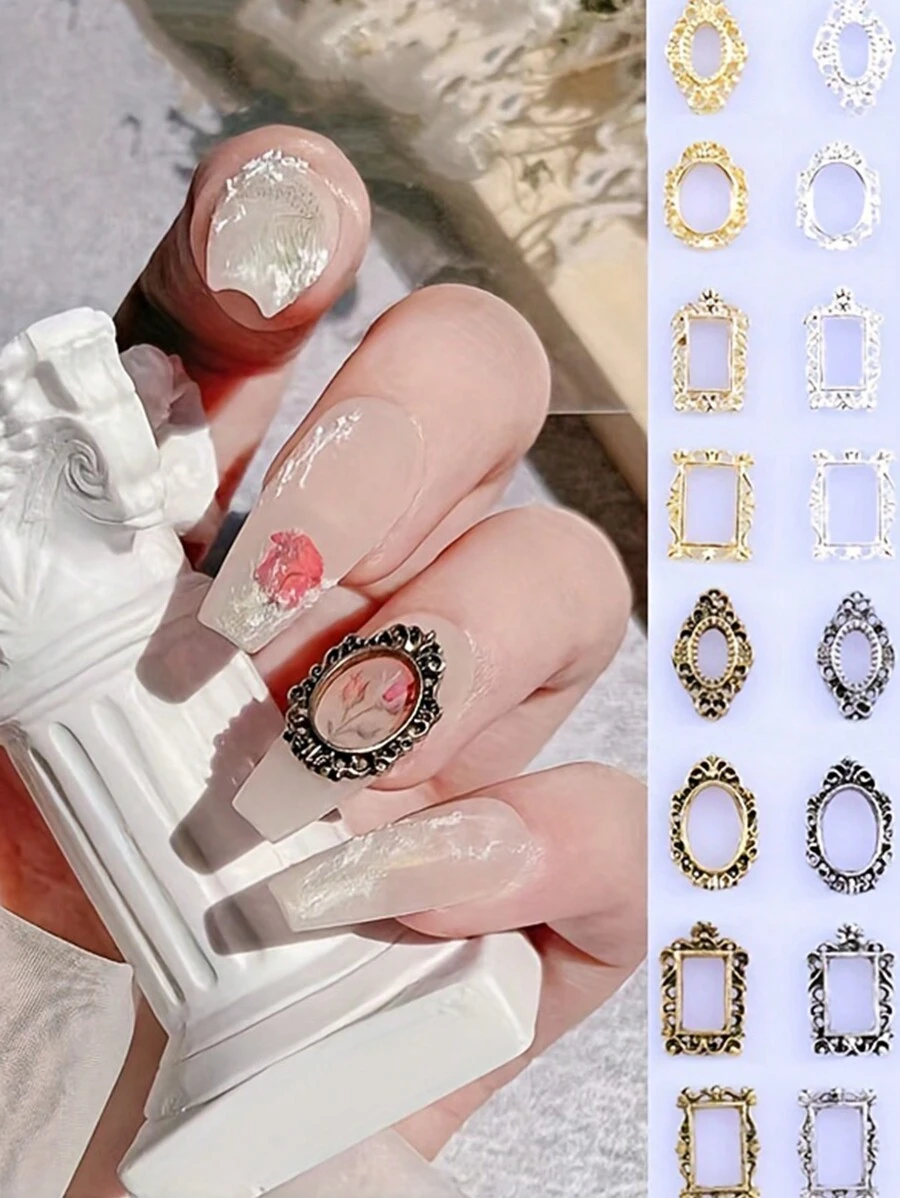 32 件巴洛克复古指甲饰品 - 镂空金属朋克指甲珠宝配饰用品，适用于女士和女孩的美甲 - 雕刻指甲框饰品，适合 DIY 美甲 - 混合多种颜色风格 - 彩色 - 查看 1
