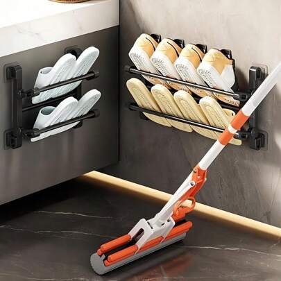 1pc Double-Layer Metal Shoe Rack, Wall Mounted No-Drill Adhesive Storage Shelf, Foldable Organizer Rack For Slippers, Sneakers, Bathroom And Entryway, Multifunctional Storage, Home & Bathroom Essentials