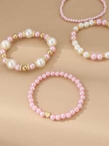Set de 4 piezas, pulsera con dijes en forma de corazón y perla, color rosa y blanco, accesorio diario para niñas