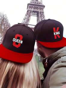 1 pieza Gorra de béisbol estilo hip hop con visera plana y letra impresa "KING QUEEN" en colores contrastantes para parejas, gorra deportiva ajustable - Multicolor - Ver 2